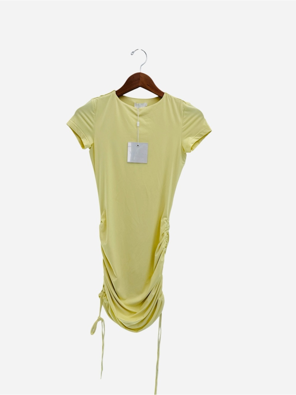 NWT Meshki Basics Britta Rushed Side Short Sleeve Mini Dress Lemon Yellow